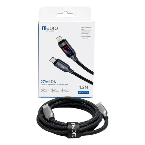 [105274] CABLE NEBRO WD-305TL DATOS DE CARGA RAPIDA CON PANTALLA DIGITAL TIPO-C A IP 30W 1.2M (Negro)