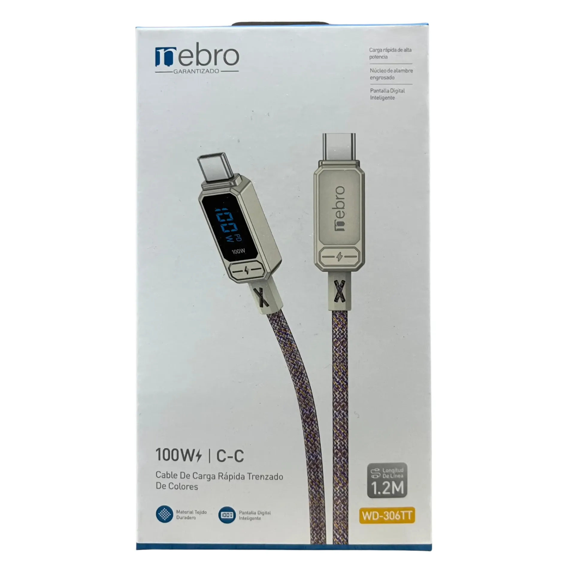 [130584] CABLE NEBRO WD-306TT CARGA RAPIDA TRENZADO TIPO-C A C 100W 1.2M (Rosa)
