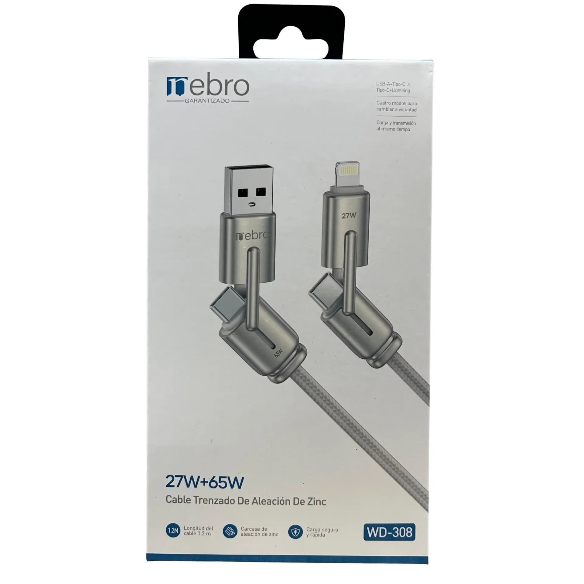 CABLE NEBRO WD-308 DATOS DE TRENZADO 4 EN 1 27W+65W 1.2M