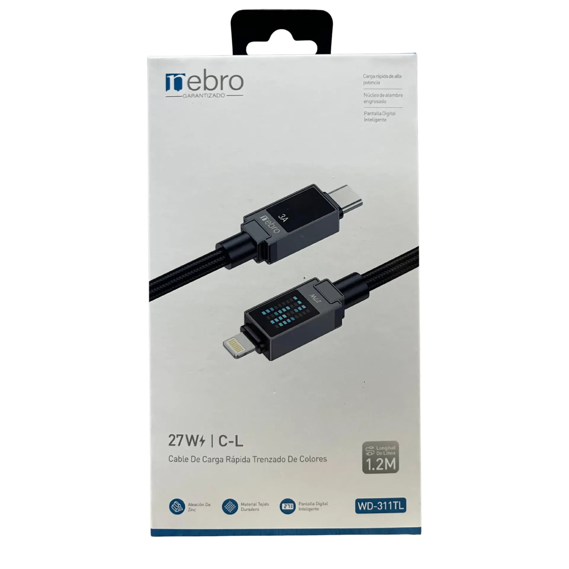 [131045] CABLE NEBRO WD-311TL CARGA RAPIDA TRENZADO TIPO-C A IP 27W 1.2M (Negro)