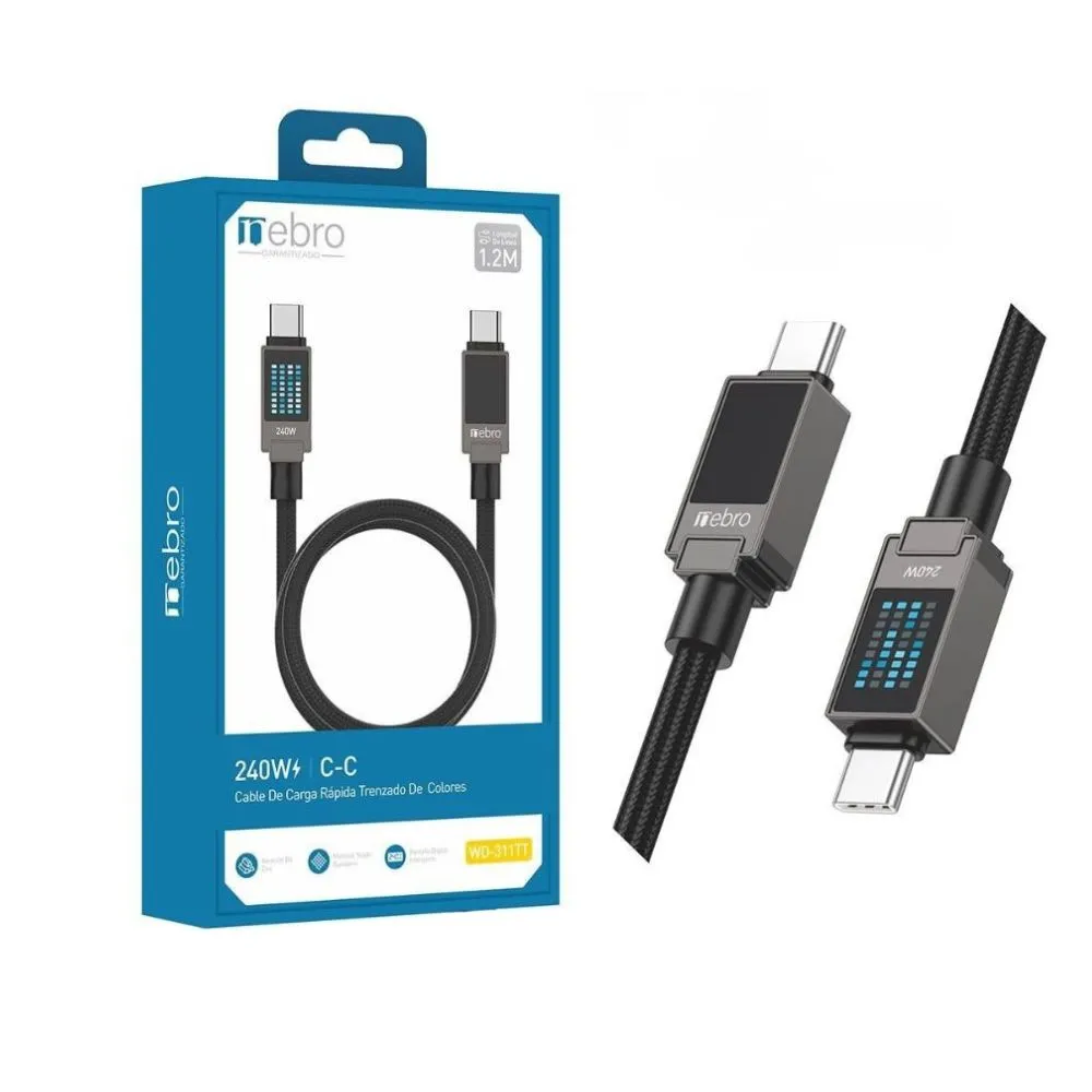 [131046] CABLE NEBRO WD-311TT CARGA RAPIDA TRENZADO TIPO-C A C 240W 1.2 (Negro)