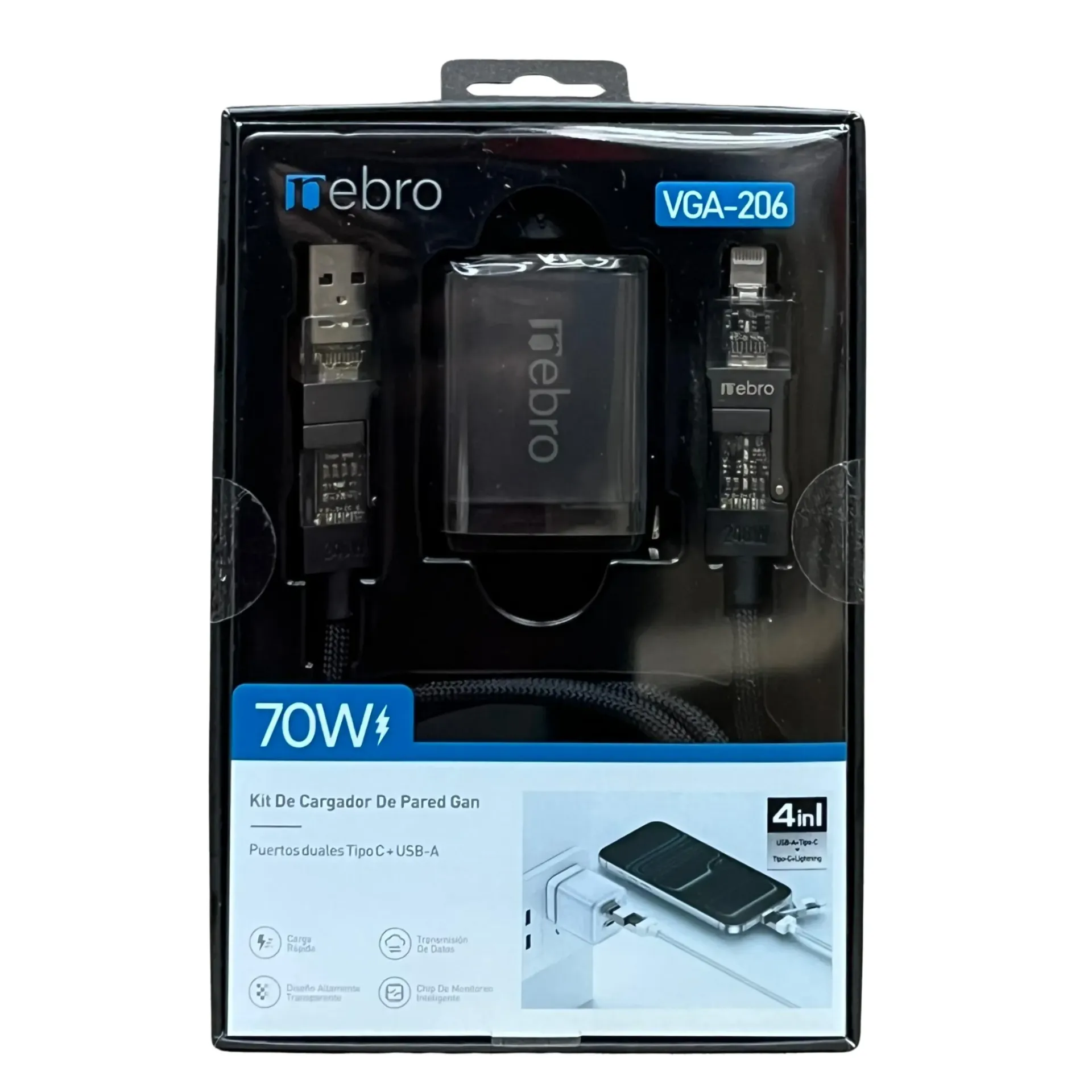 [131003] CARGADOR NEBRO VGA-206 COMBO DE PARED GAN 4 EN 1 70W (Negro)