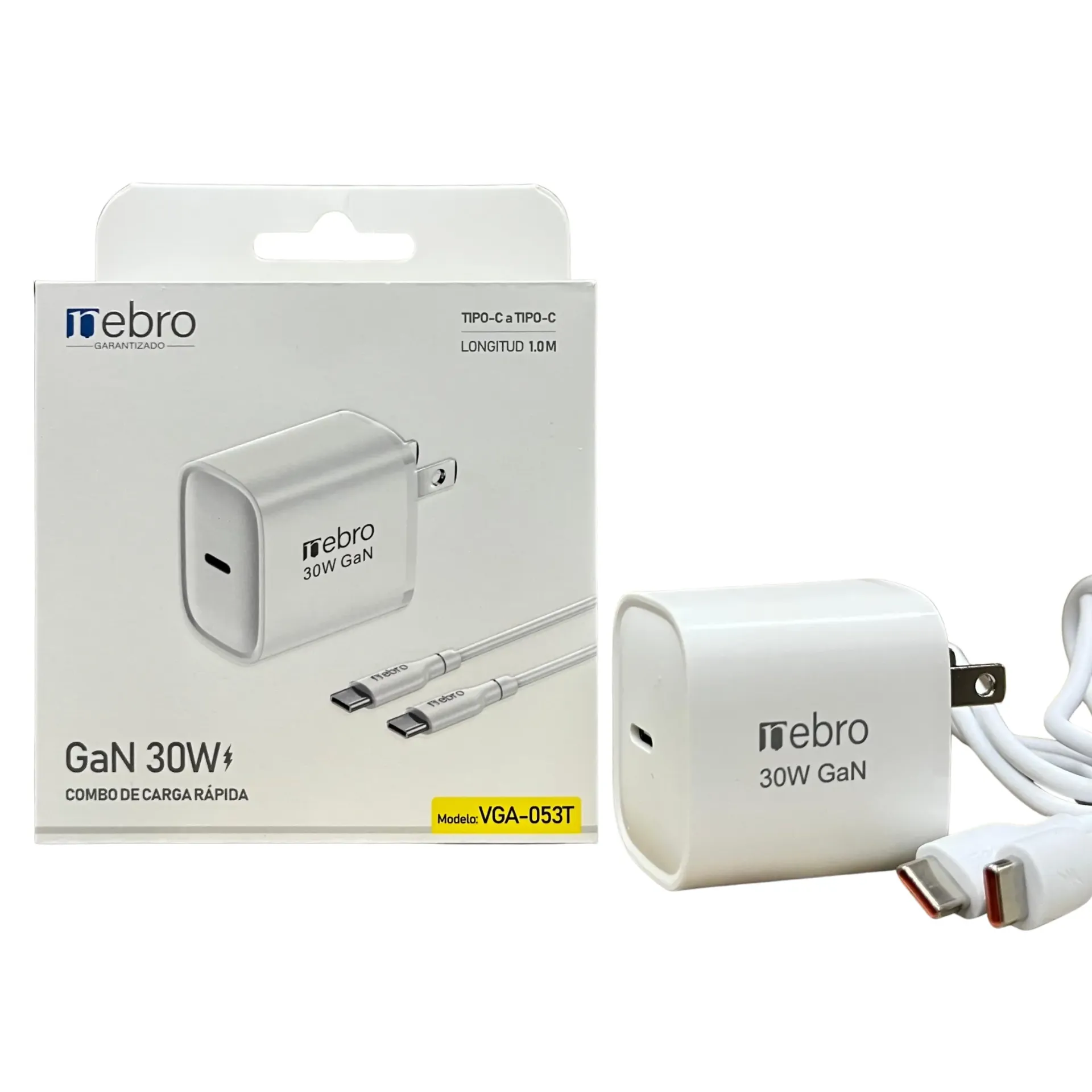 CARGADOR NEBRO VGA-053T COMBO GAN TIPO-C A TIPO-C 30W CABLE 1M